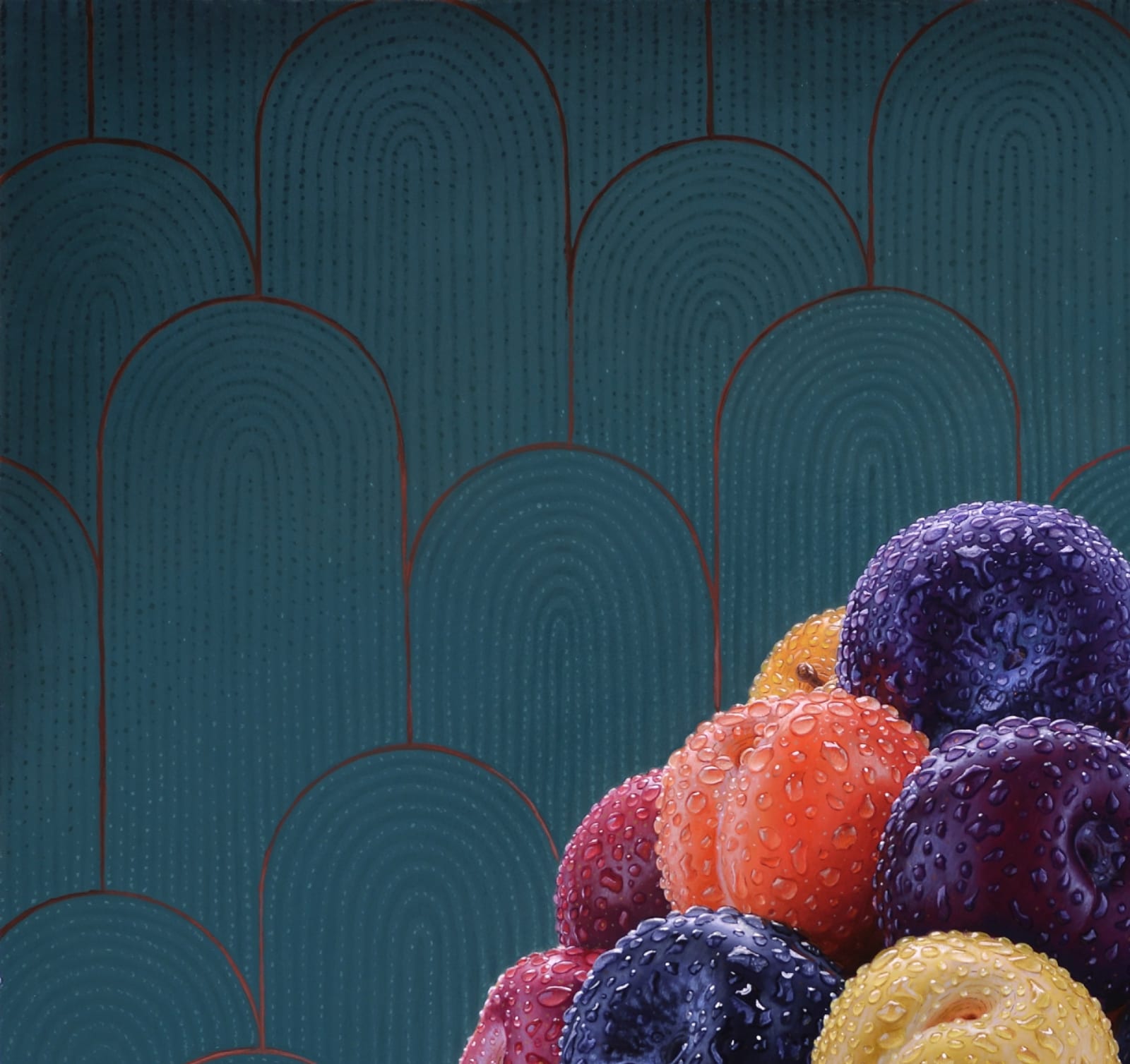 Bowl of plums with water droplets