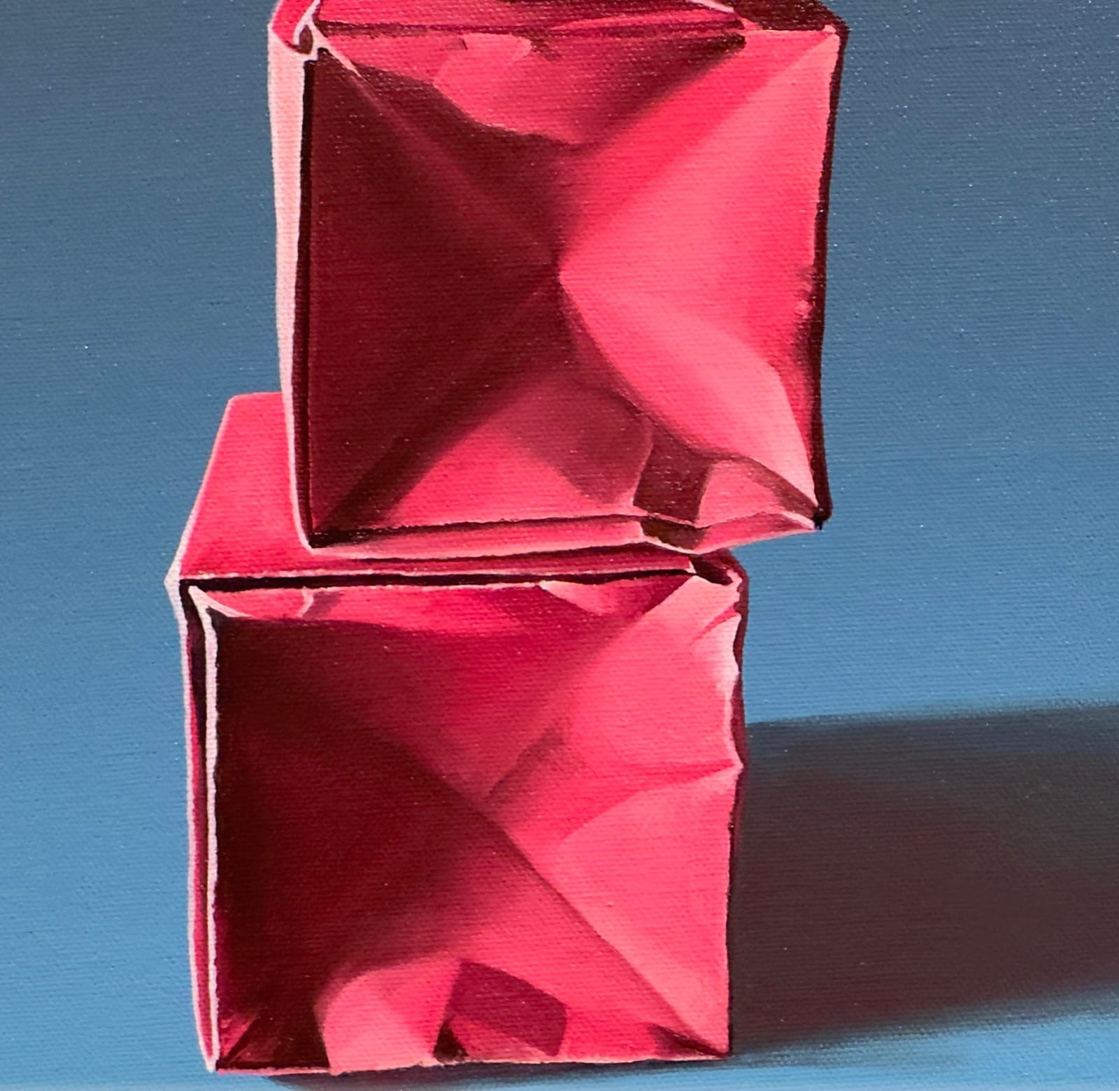 Painting of a stack of pink magenta boxes on a blue/gray gradient background