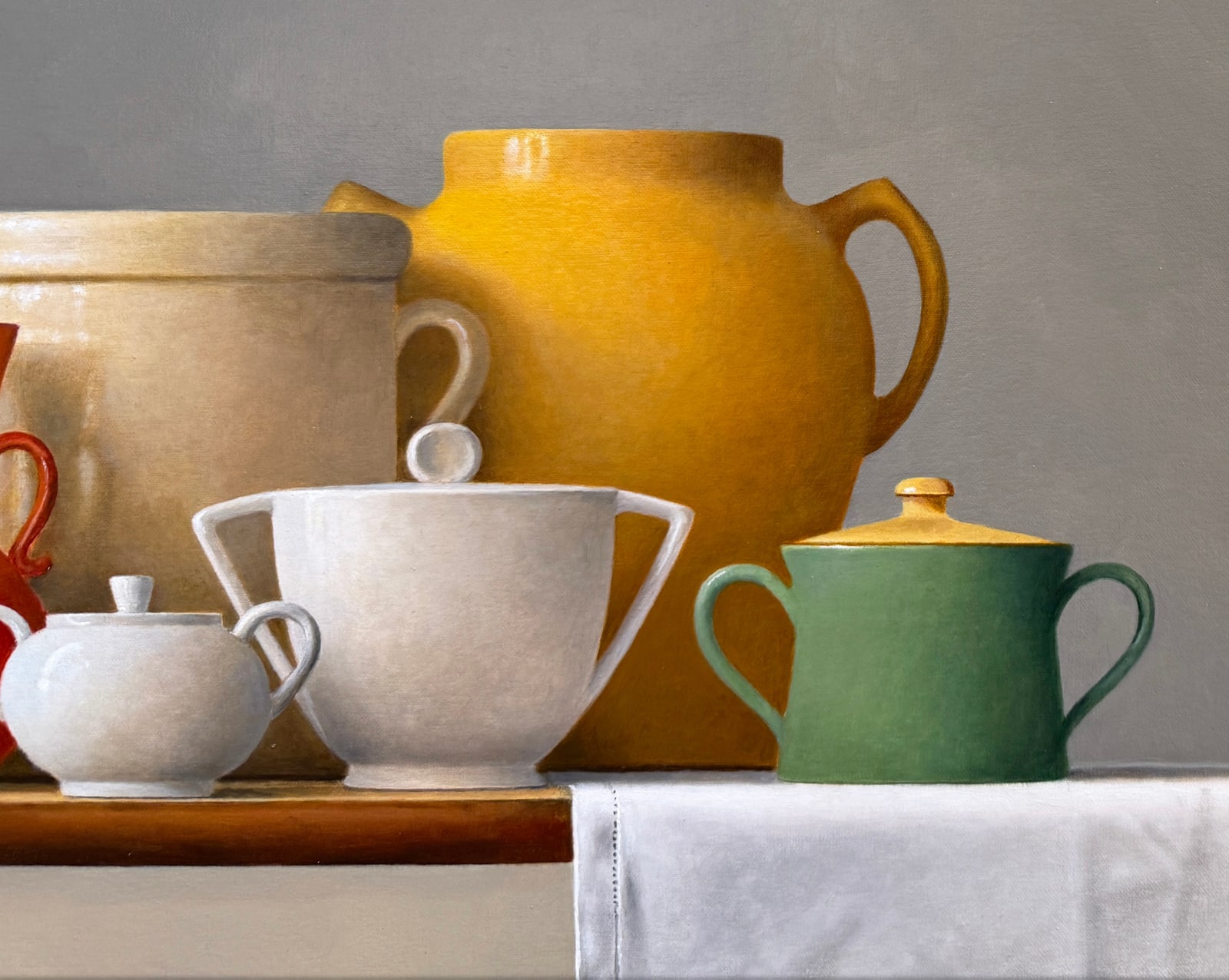 Painting of a still life with many handled vessels