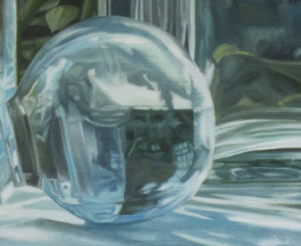 Oil painting of 4 glass vessels before foliage on linen