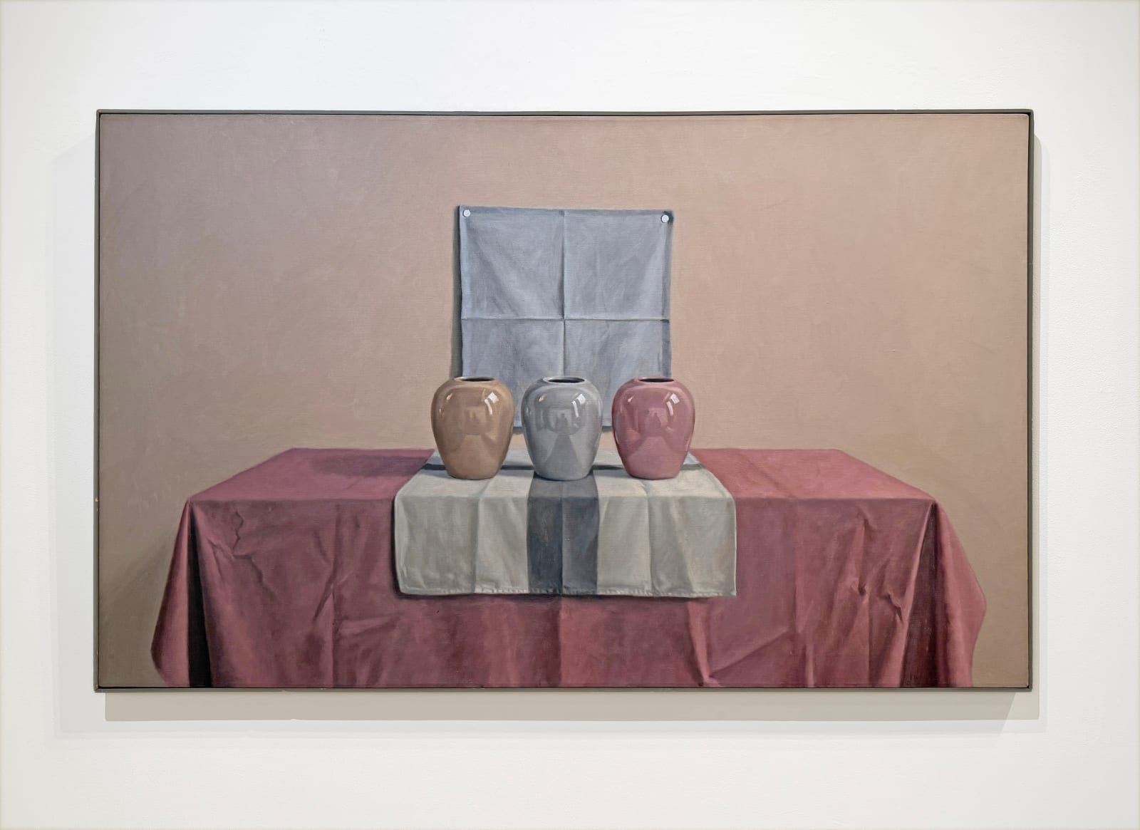 Painting of three shiny colorful vases on a table with tablecloth
