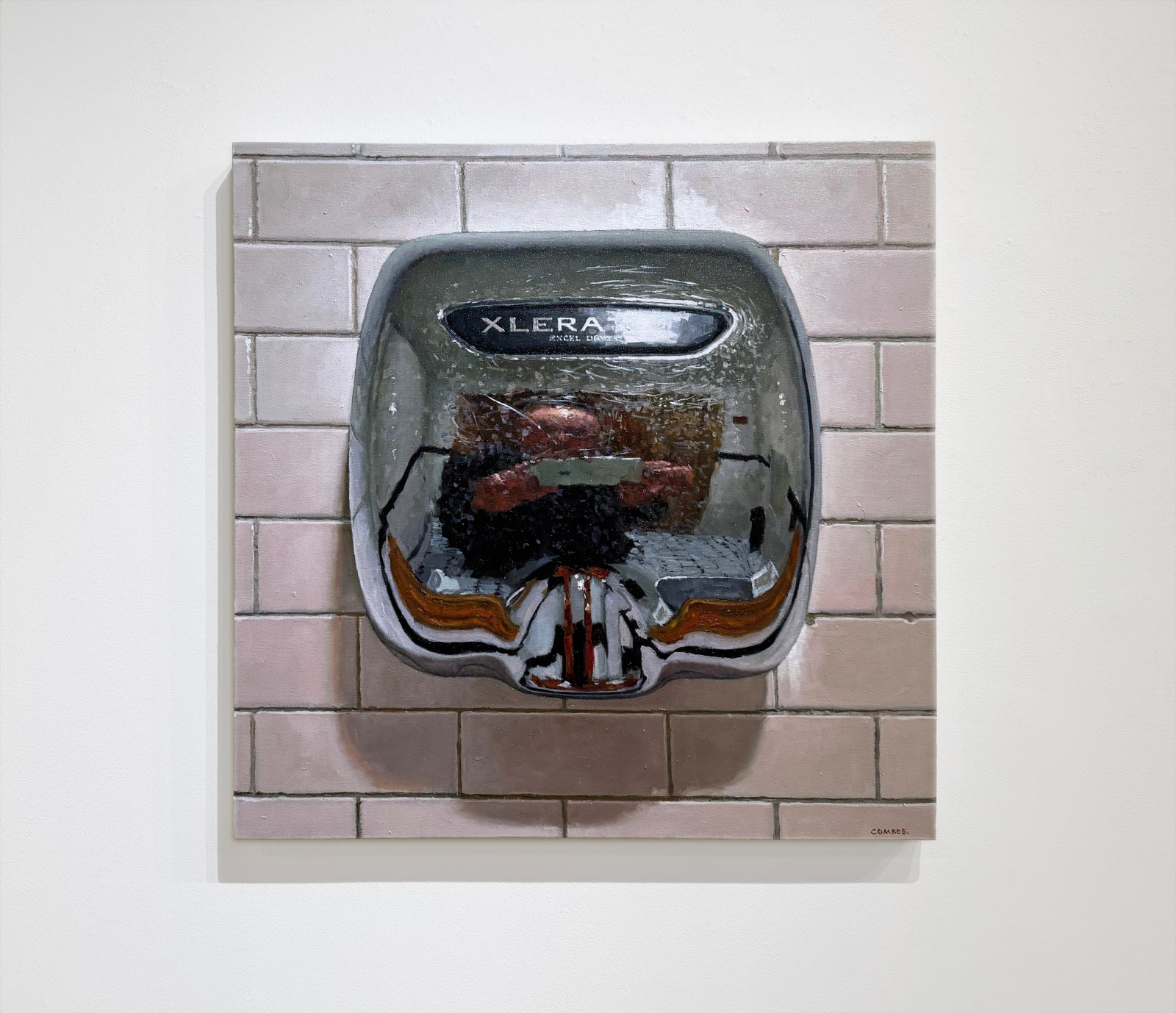 Painting of the artist reflected in a hand dryer