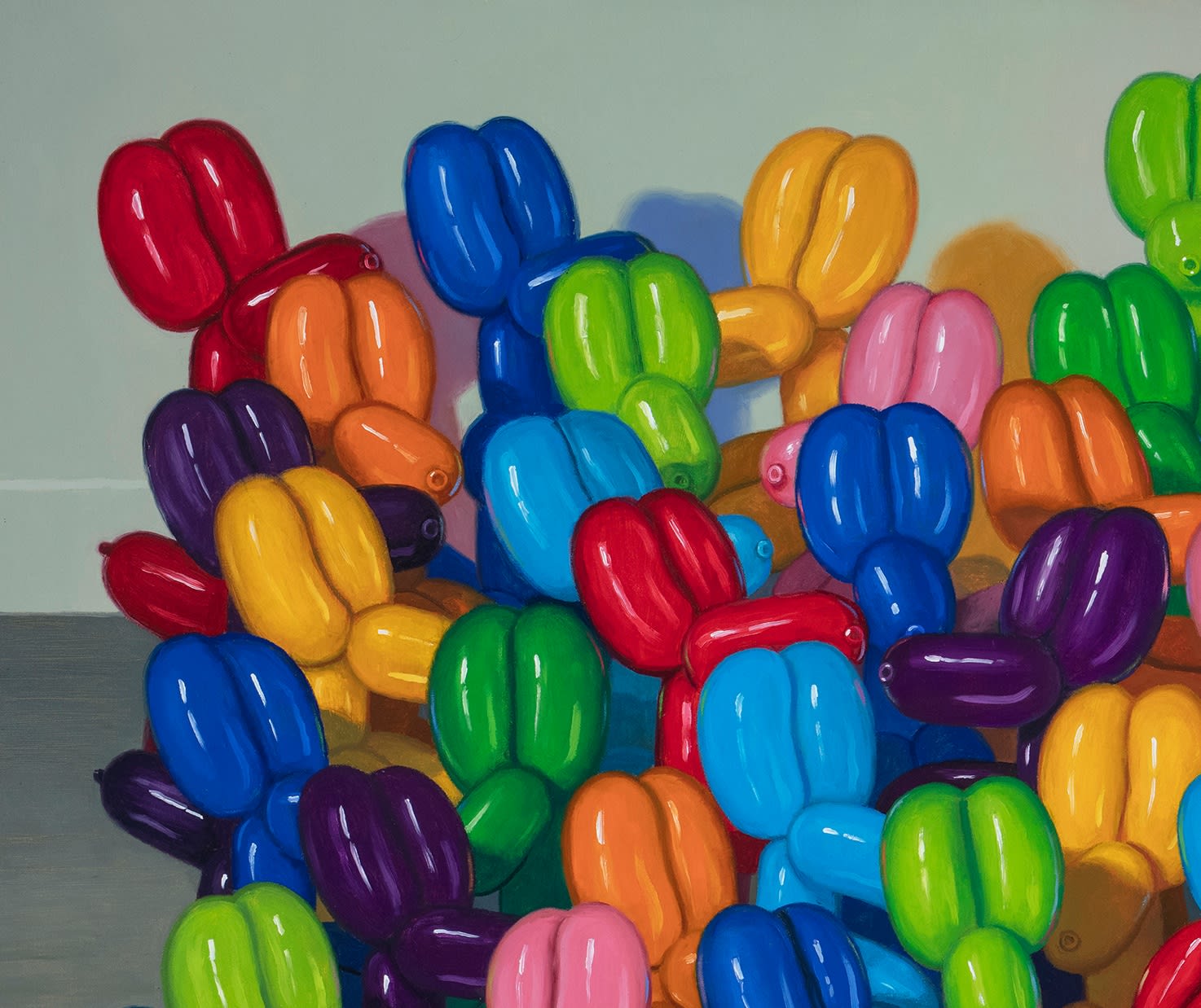 Top right detail of Multicolored balloon dogs gathered in a large group