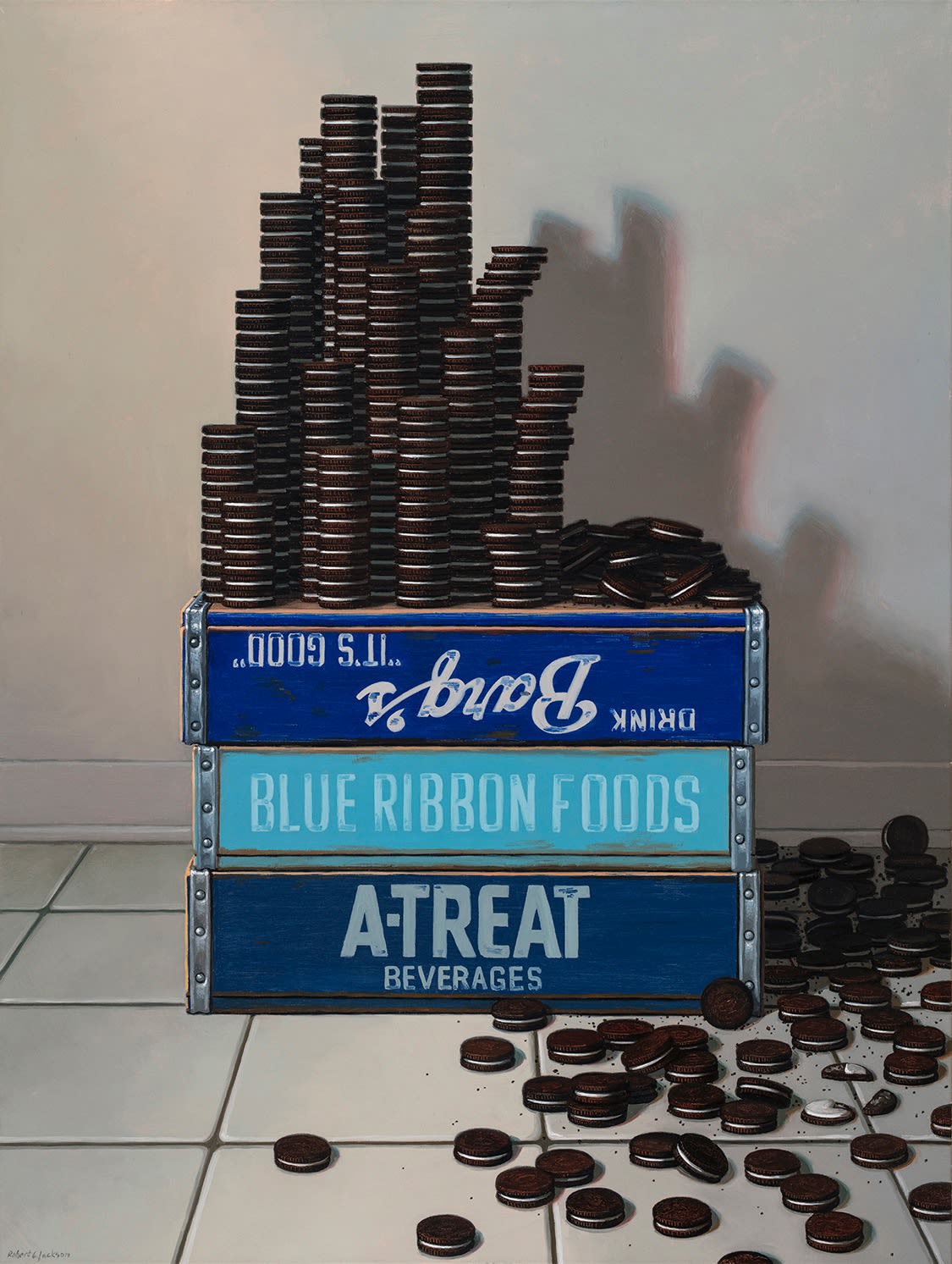 Stacks of oreos with fallen stacks on ground