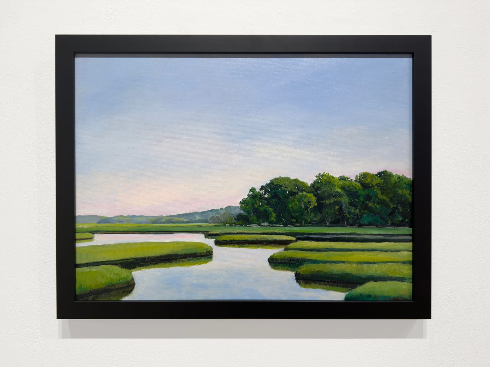 Painting of a river marsh with bushes and landscape