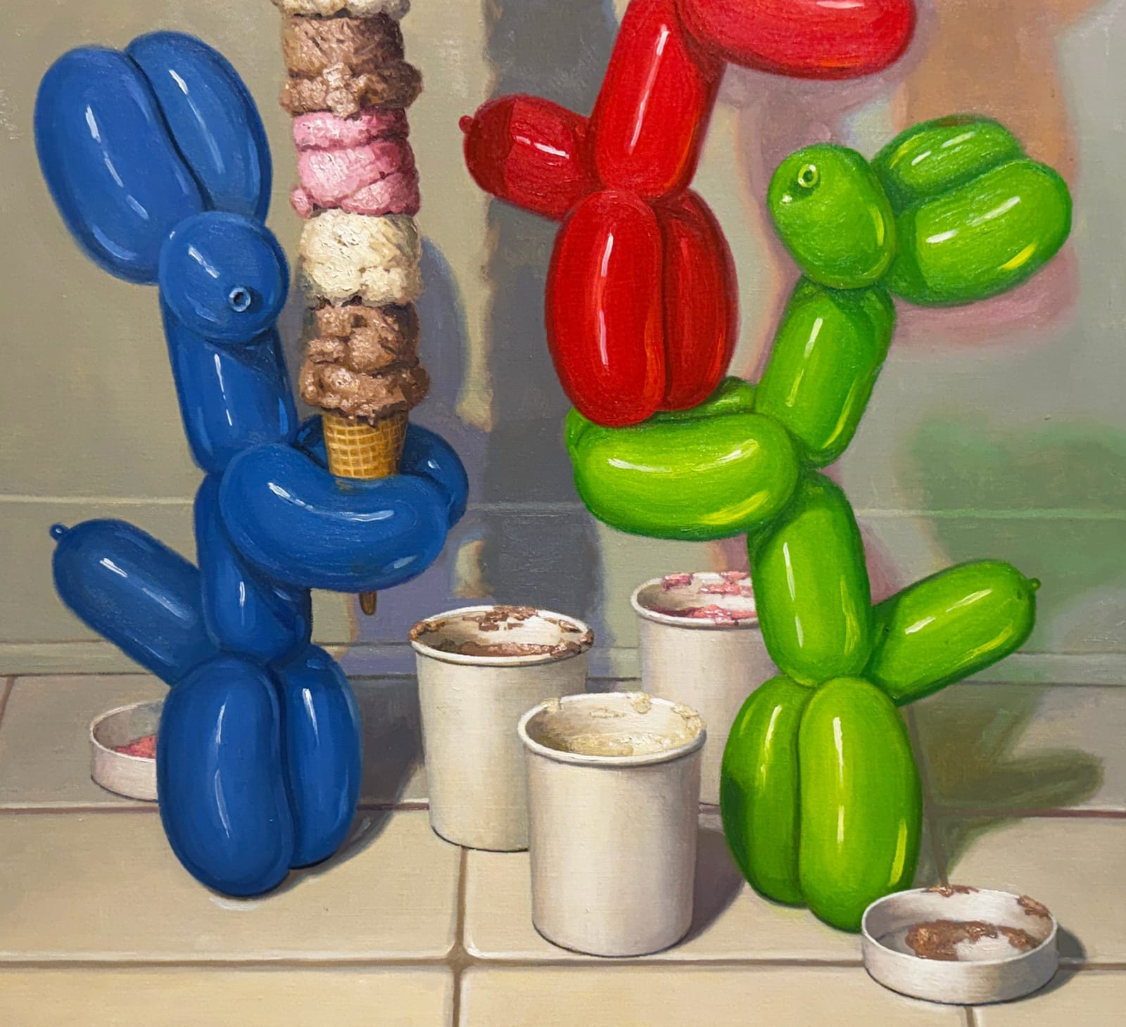 Painting of balloon dogs stacking ice cream scoops