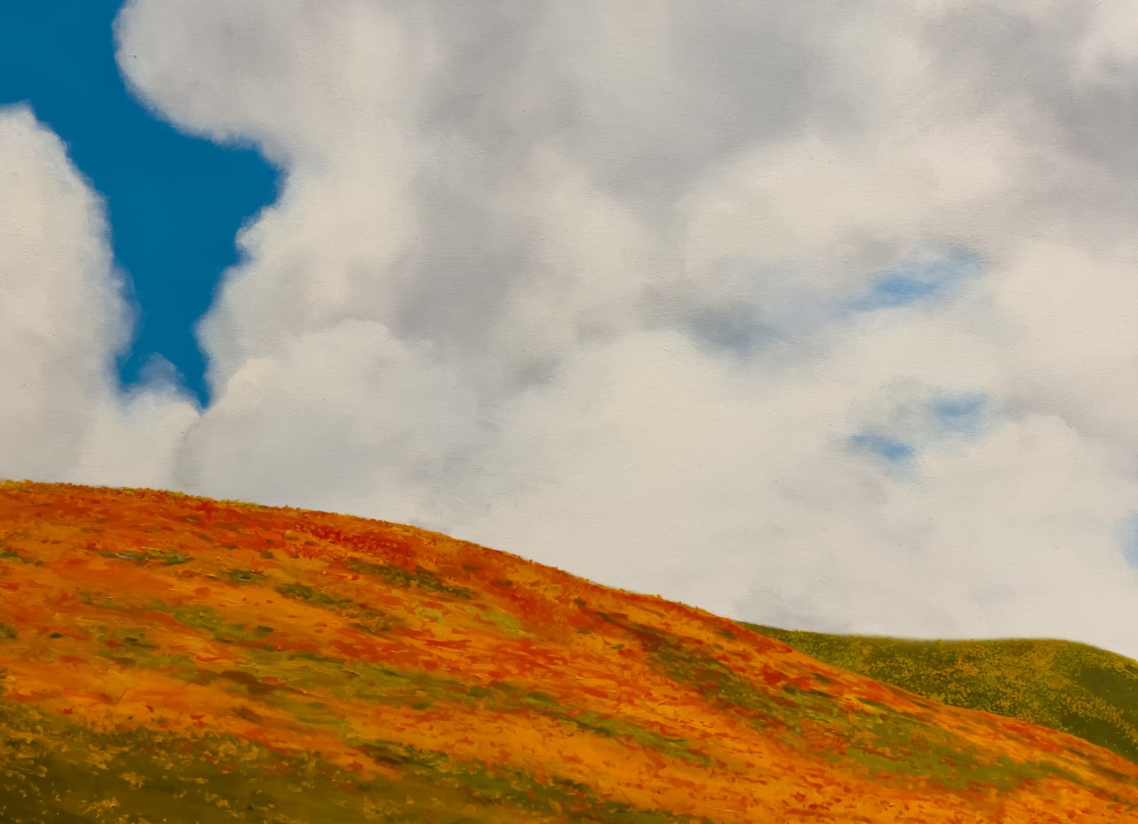 painting of poppy field landscape with large view of clouds in sky