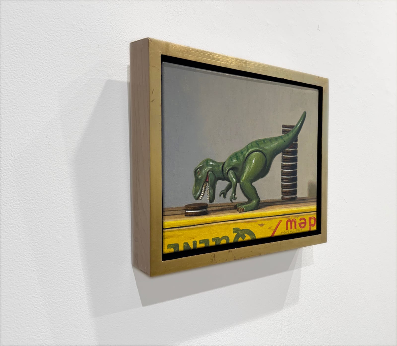 Painting of a toy dinosaur eating oreos