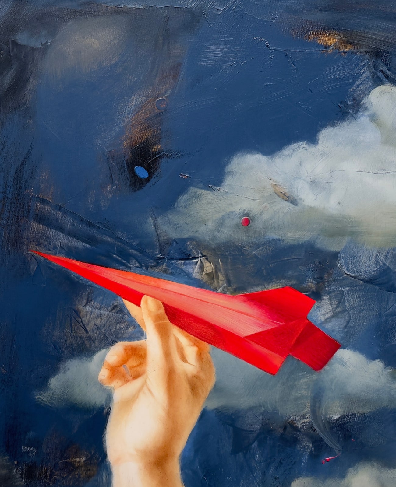 Painting of a man holding a red paper plane