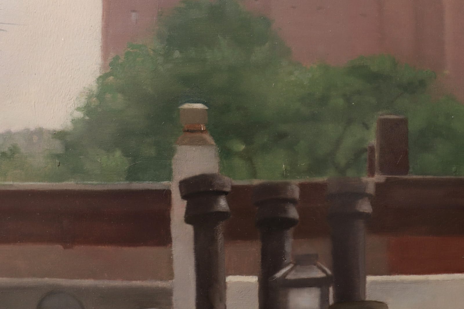 Oil painting of view from Brooklyn roof on panel