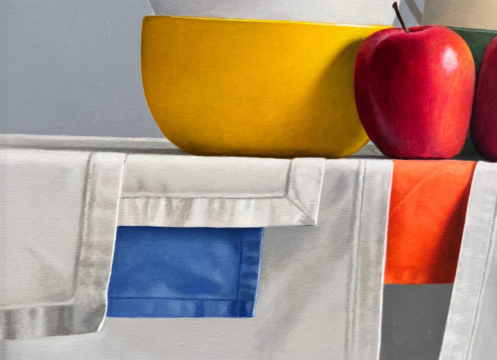 Still life of stacked bowls and two apples