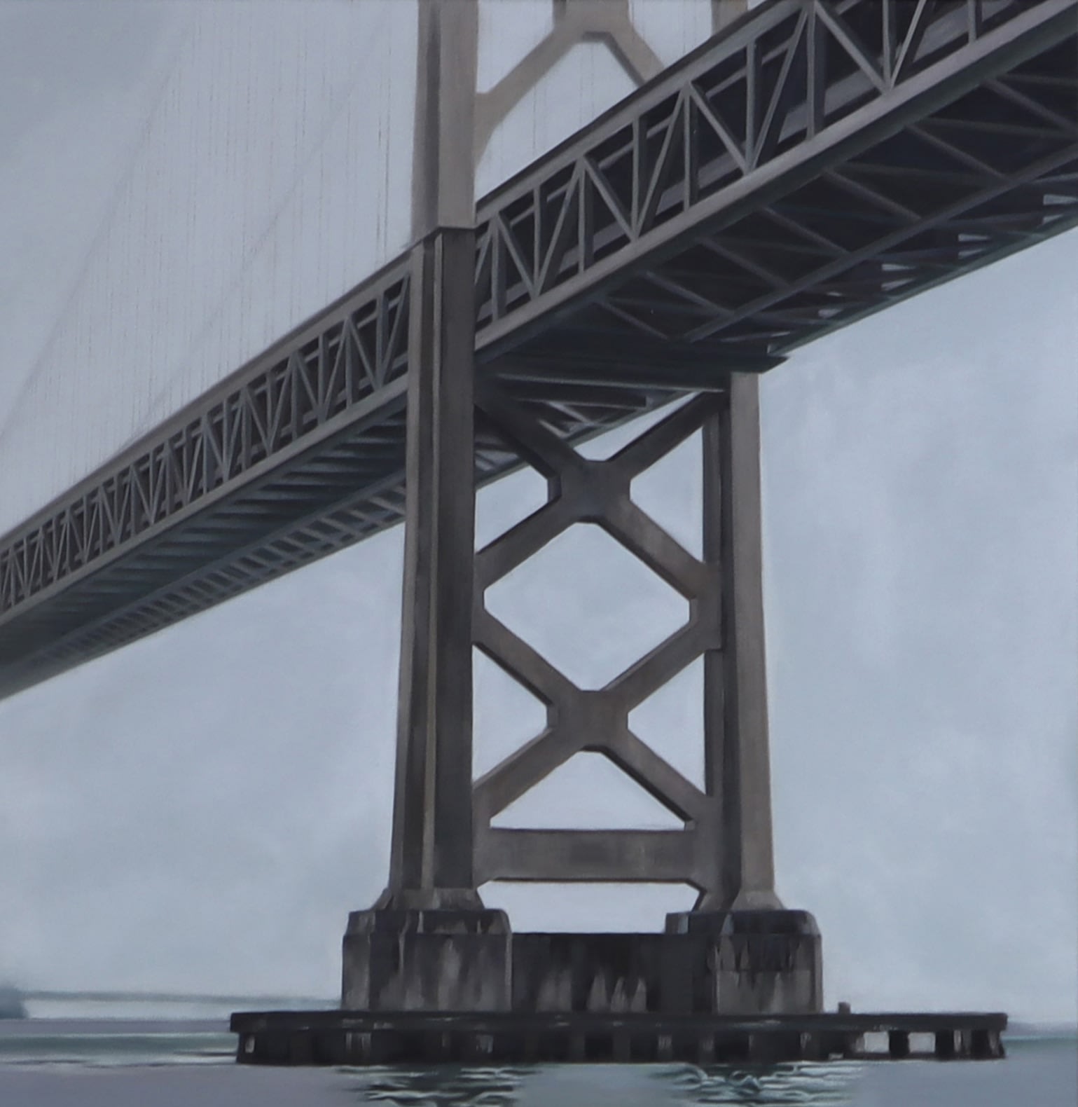 Oil painting of Bay Bridge with reflection in water on canvas