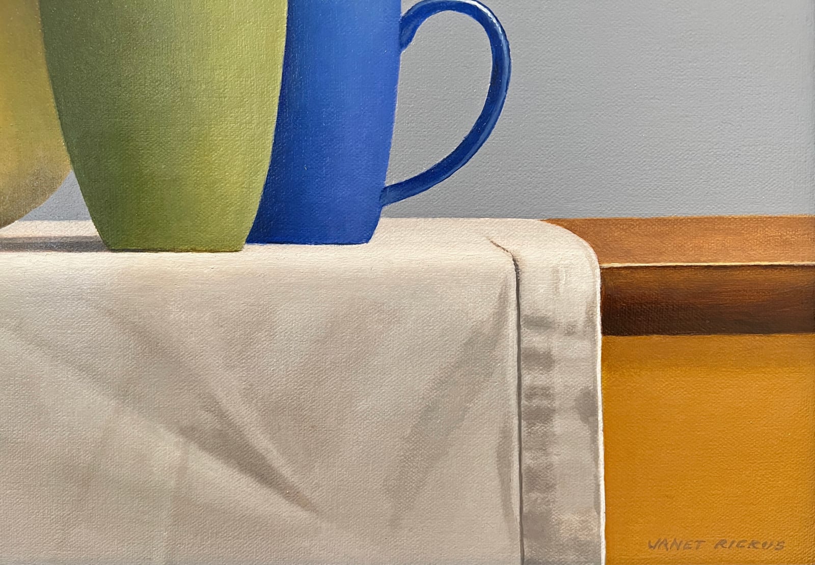 Mugs and pottery before two melons