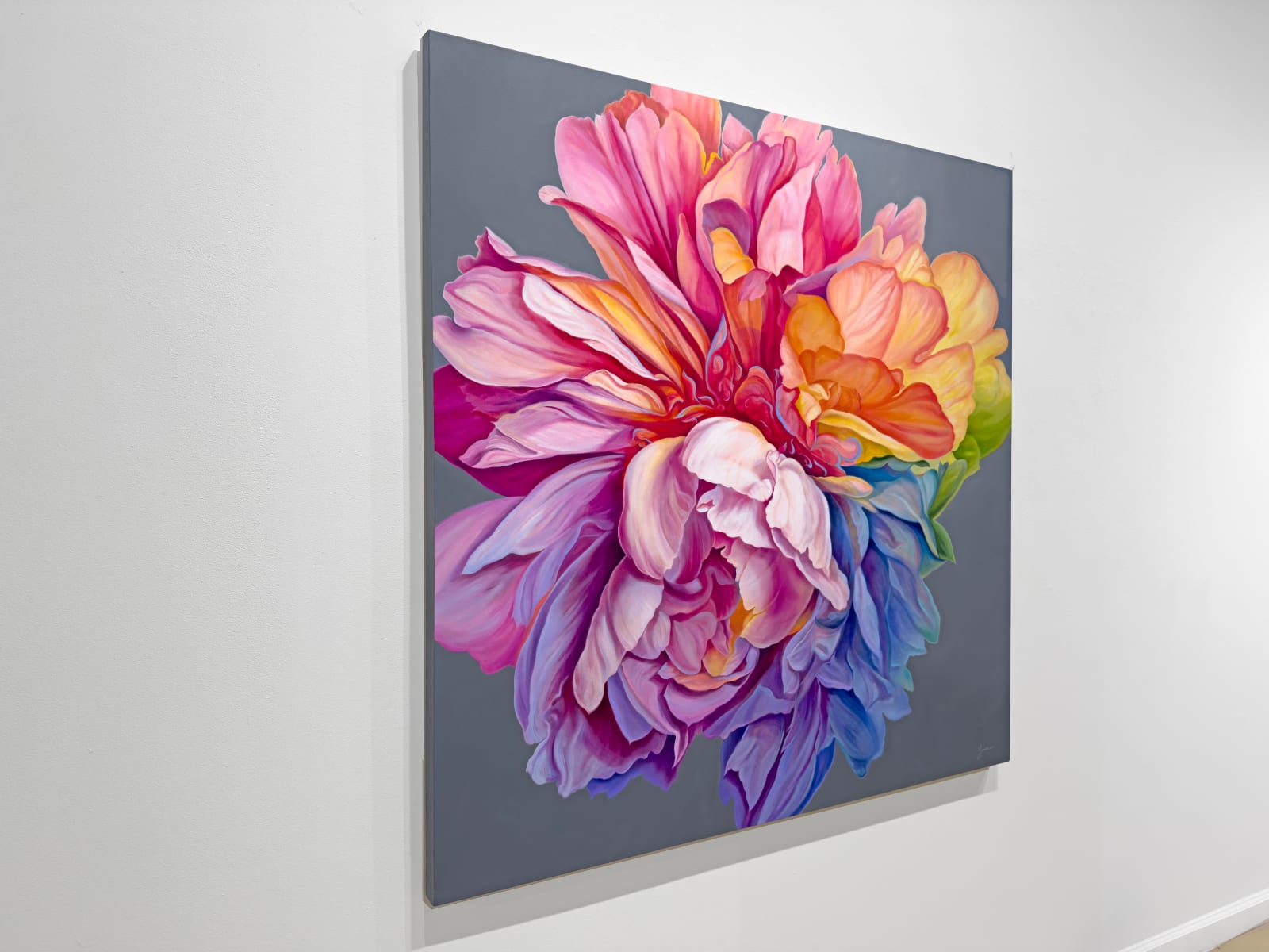 Painting of flower with rainbow petals