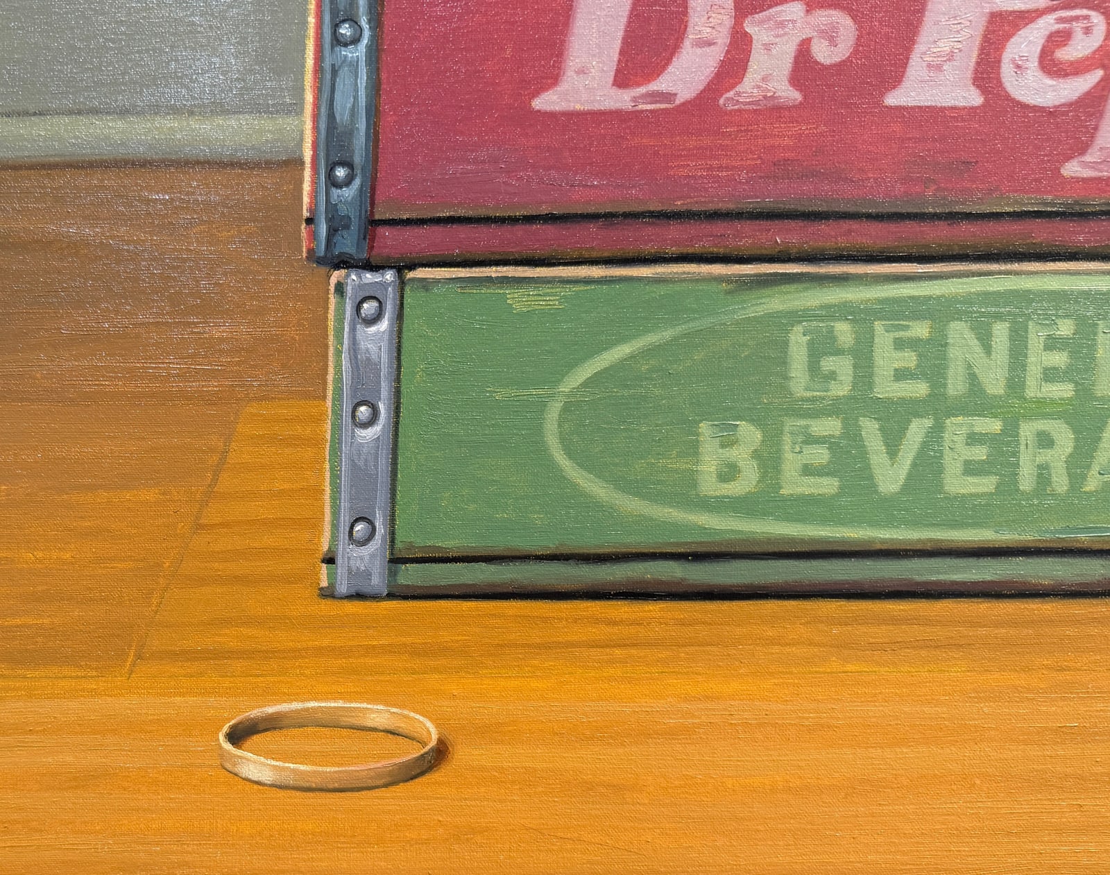 Still life painting of toys and soda boxes