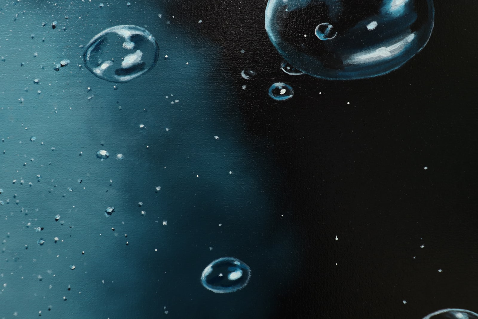 Edge of plume and bubbles rising before dark background on canvas