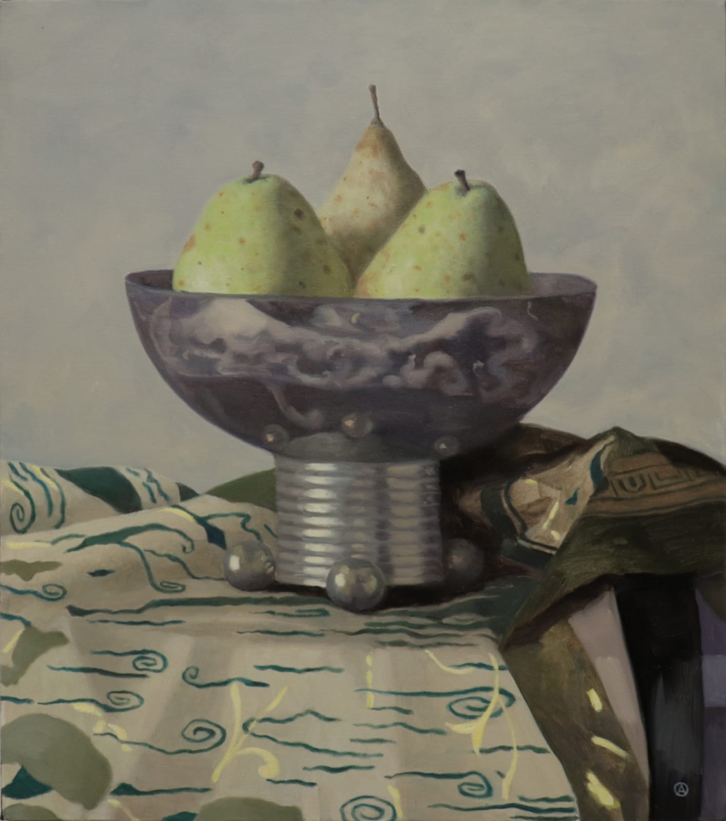 3 pears sitting in metal vase on clothed table
