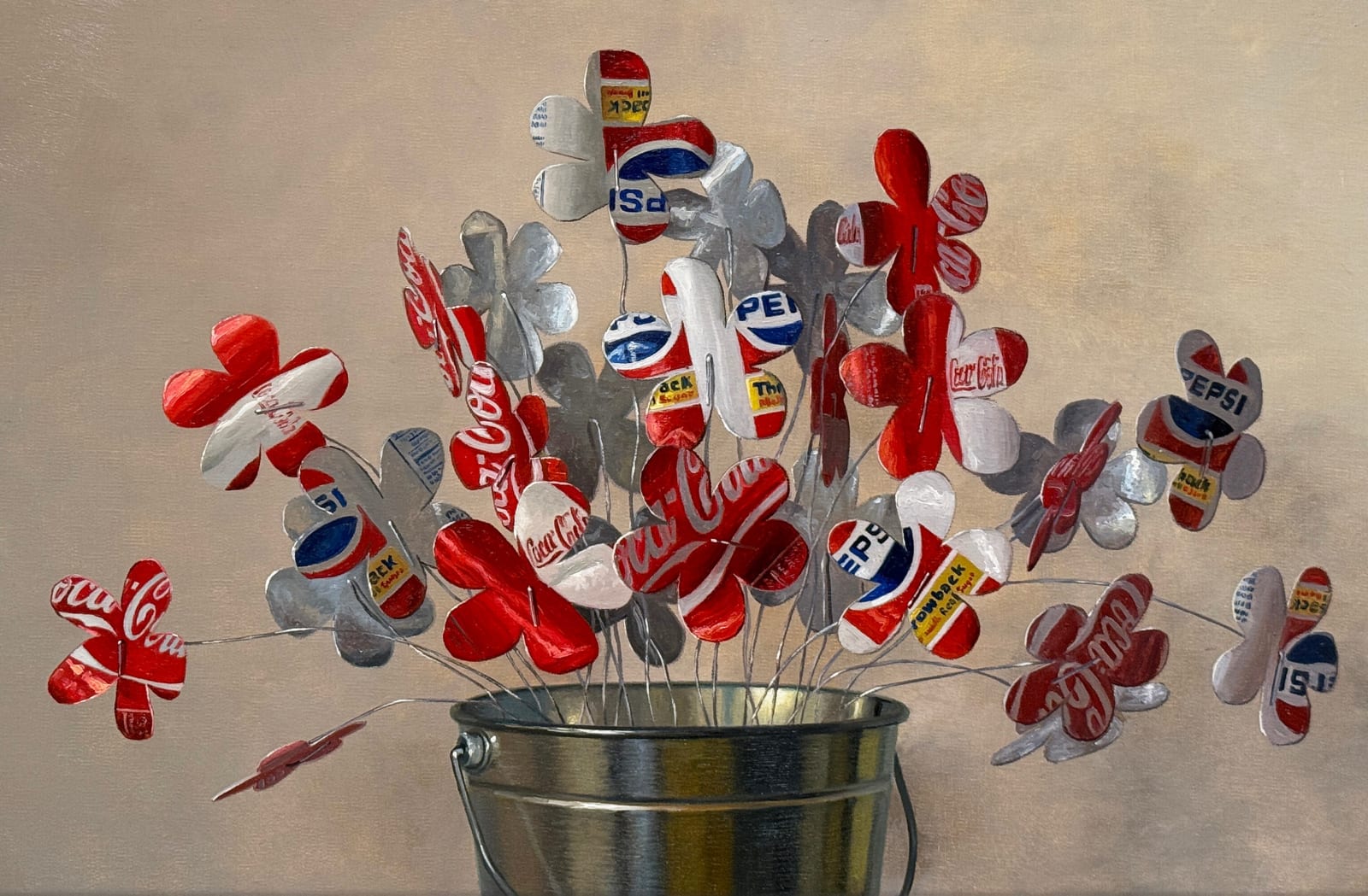 Still life painting of a soda can bouquet