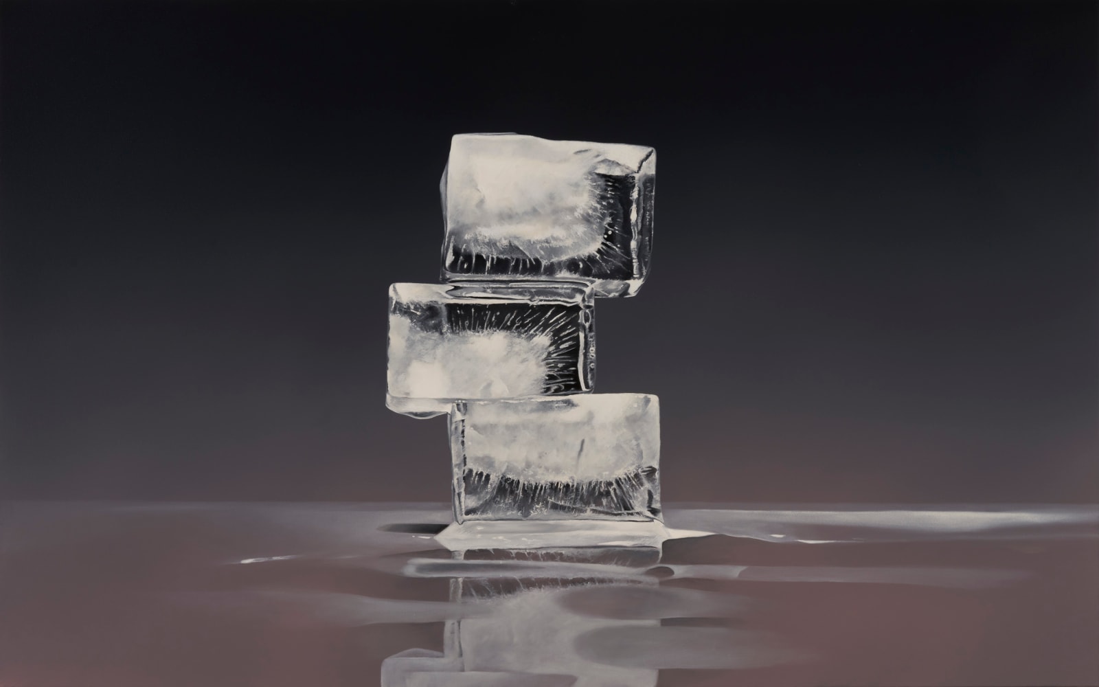 3 ice cubes stacked off center with a reddish dark background