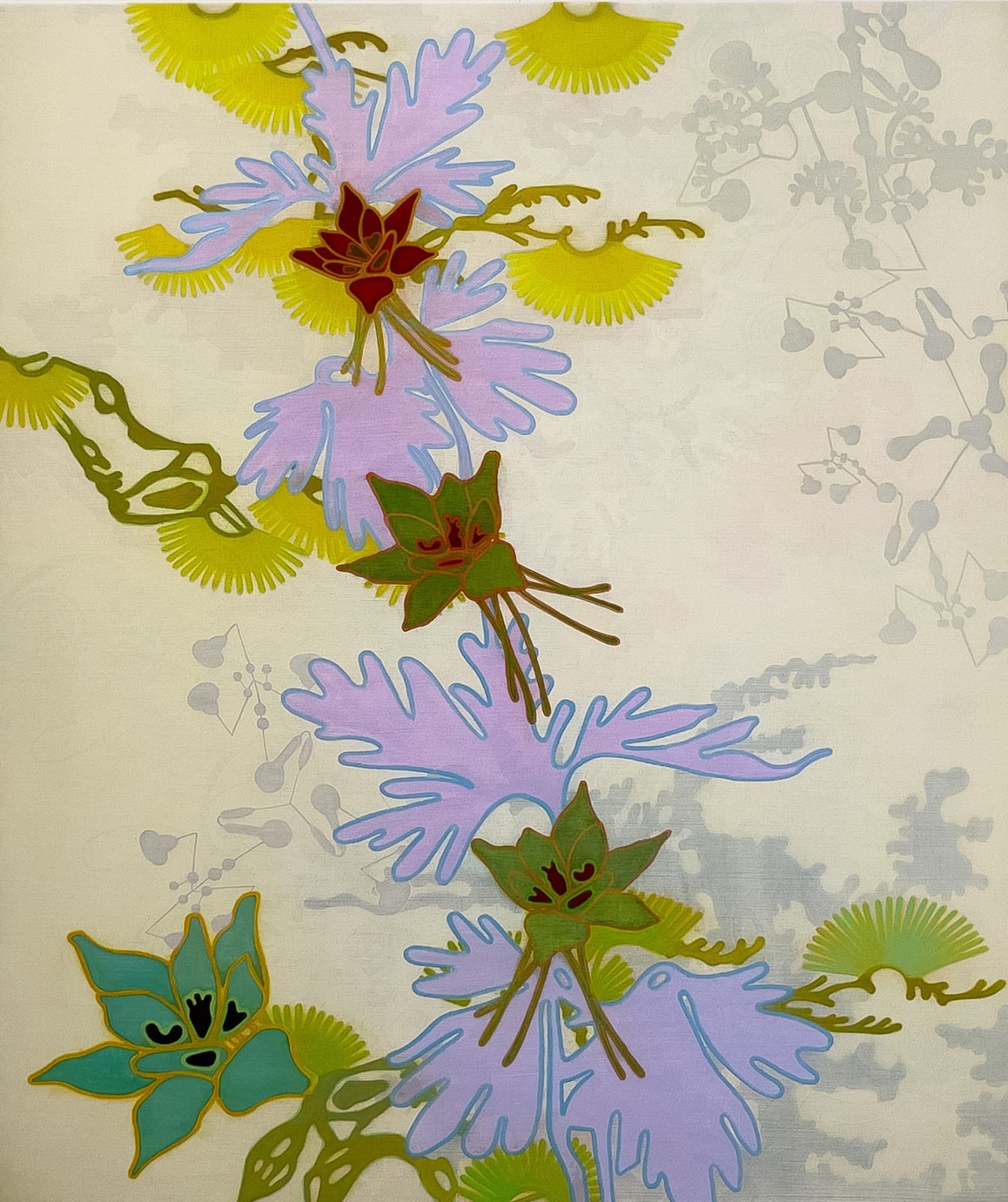 Abstract flower in green and purple and yellow tones