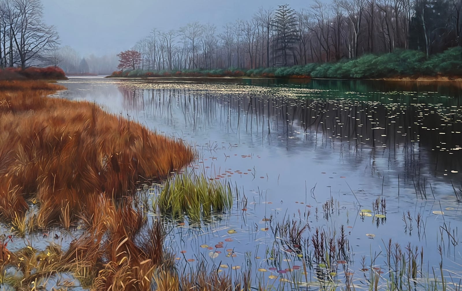 Landscape with grey sky, fall foliage, and a pond