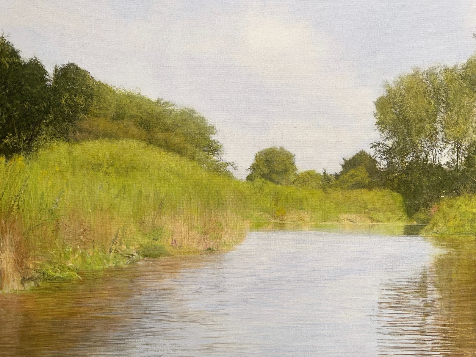 Landscape painting of a body of water and some greenery
