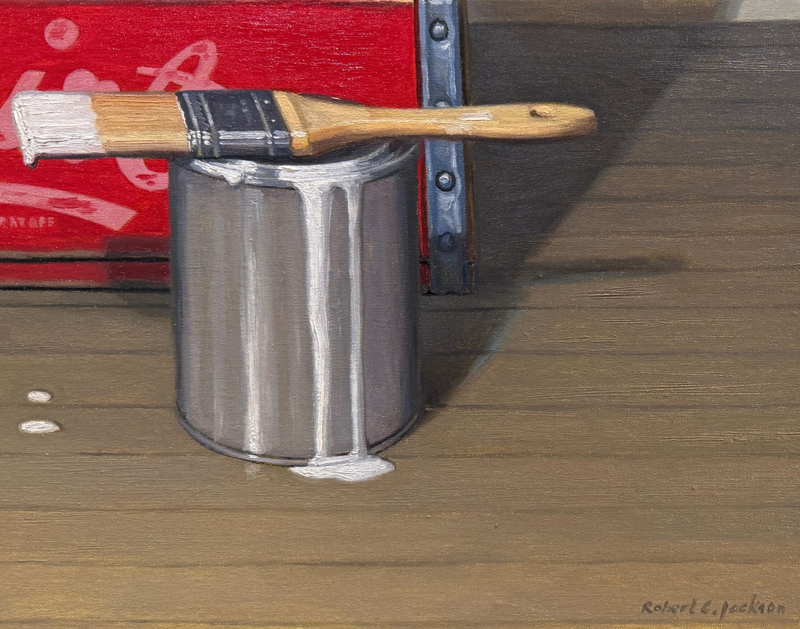 Still life painting of two painted apples on soda boxes