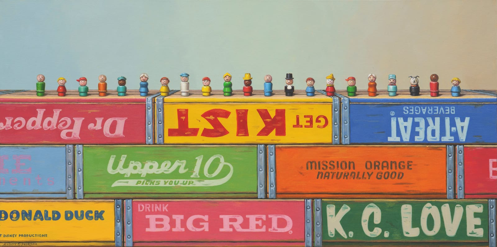 Painting of toy figurines on colorful crates