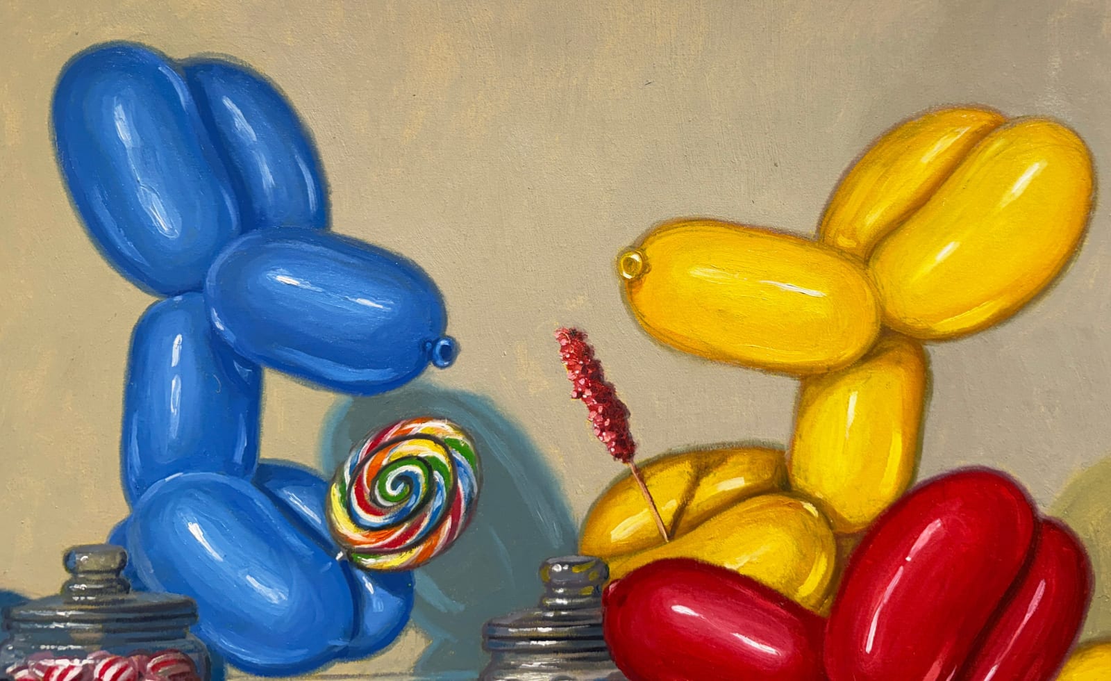 Painting of balloon dogs eating candy
