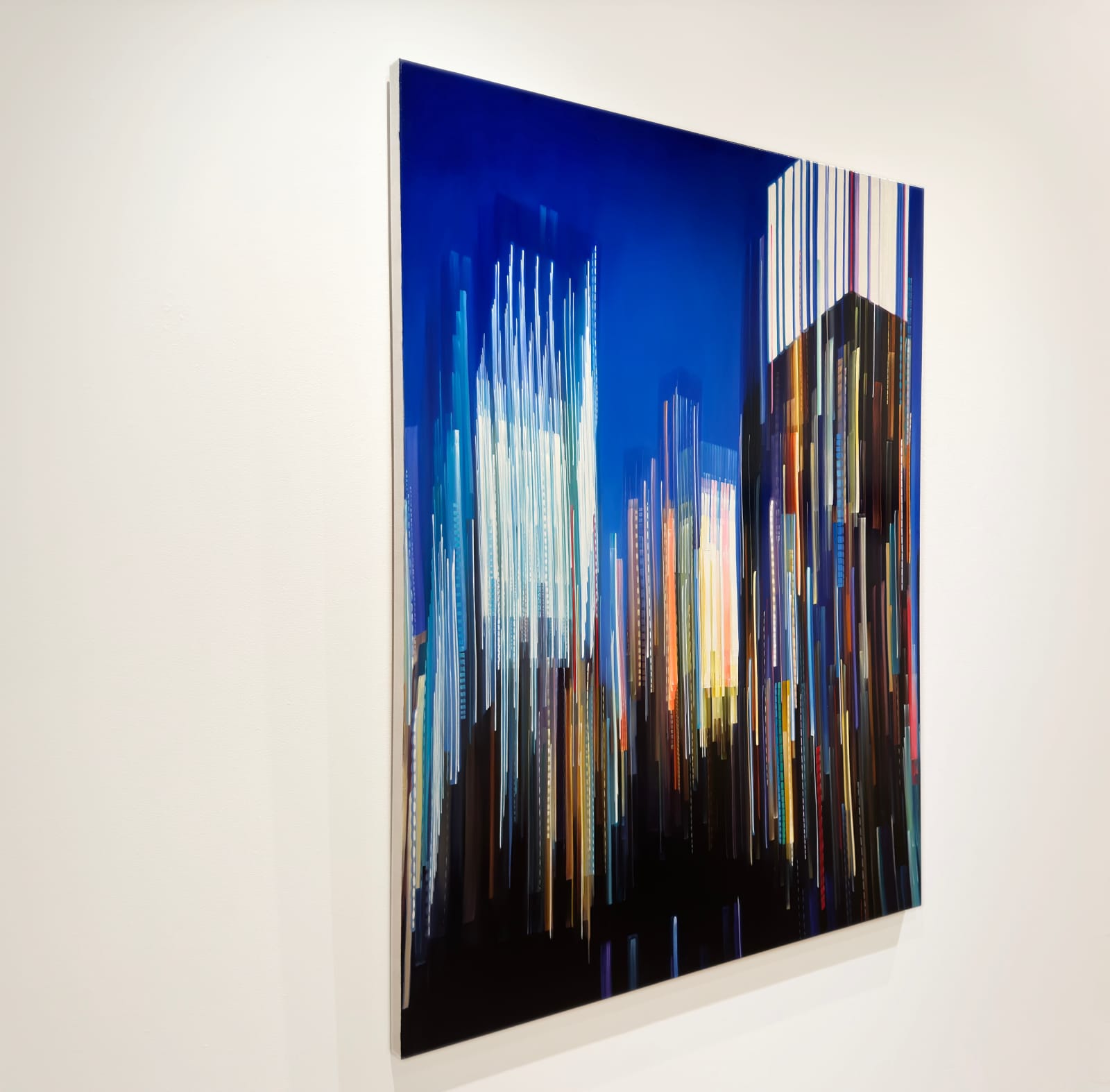 Oil painting of city at night on linen