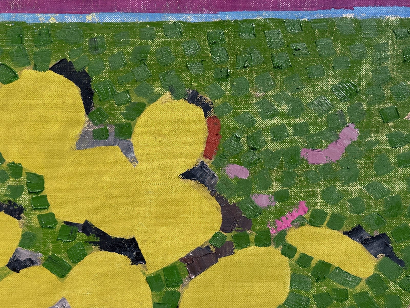 Abstracted painting of yellow leaves on a green speckled background