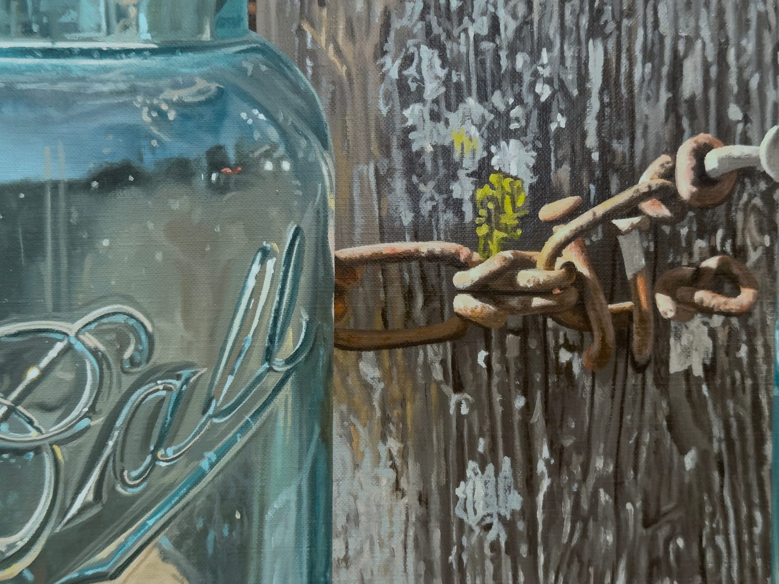Painting of two glass jars on an old wood fence with a chain lock