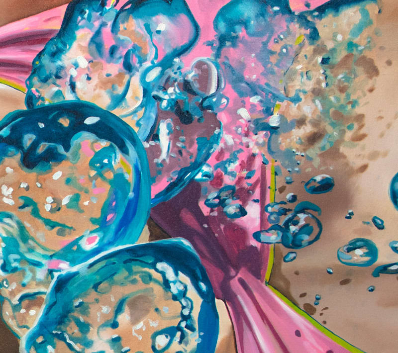 Bubbles over figure in water on canvas