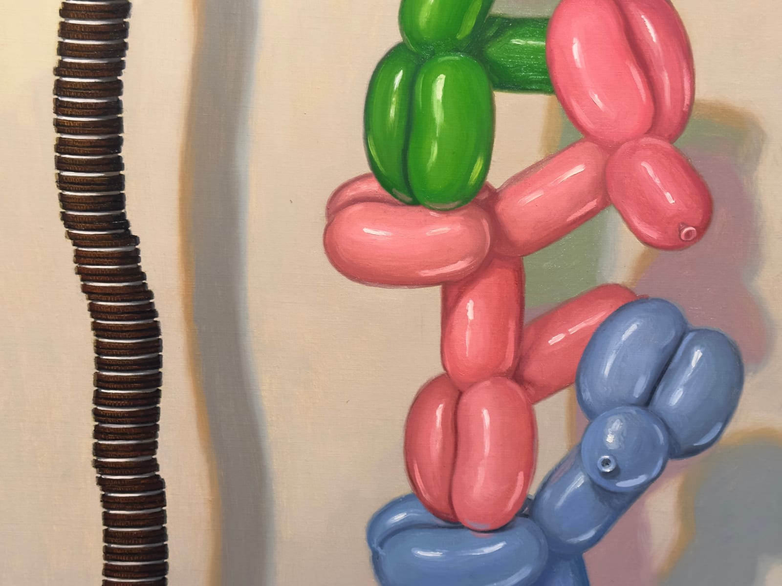 Painting of balloon dogs on top of each other stacking a tower of oreos