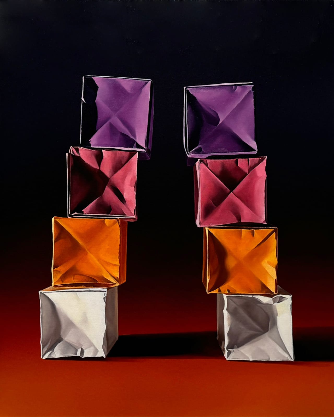 Paper boxes in two stacks on a purple to orange gradient