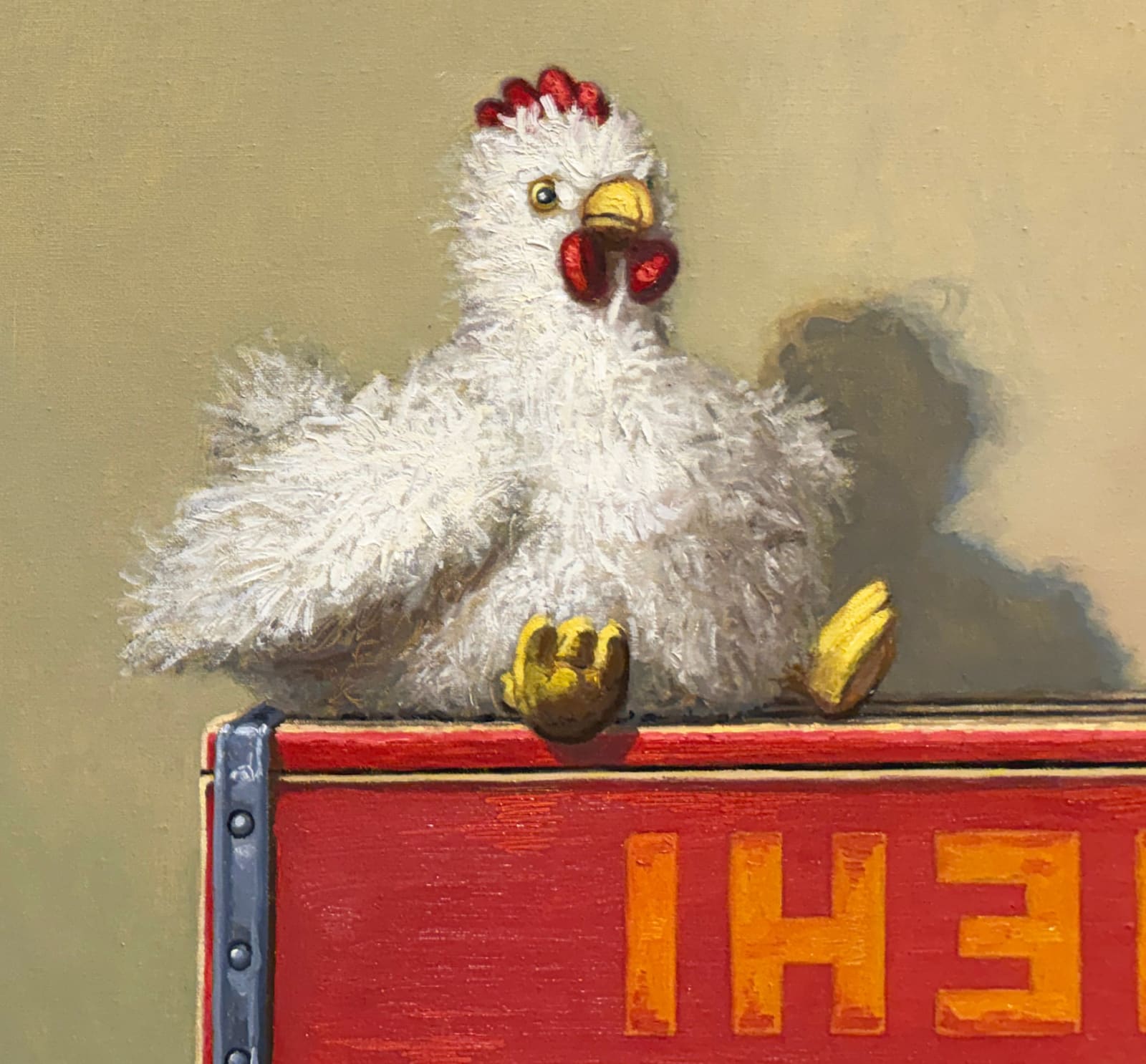 Still life painting of a toy chicken and an egg