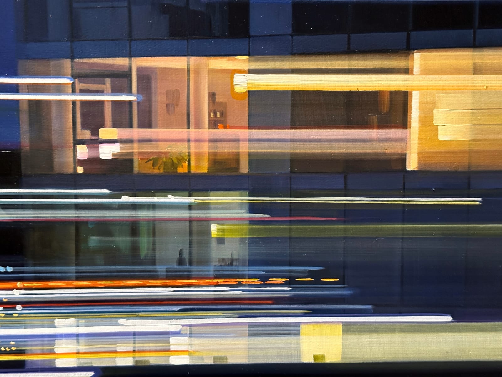 Blurry cityscape of a New York City bridge