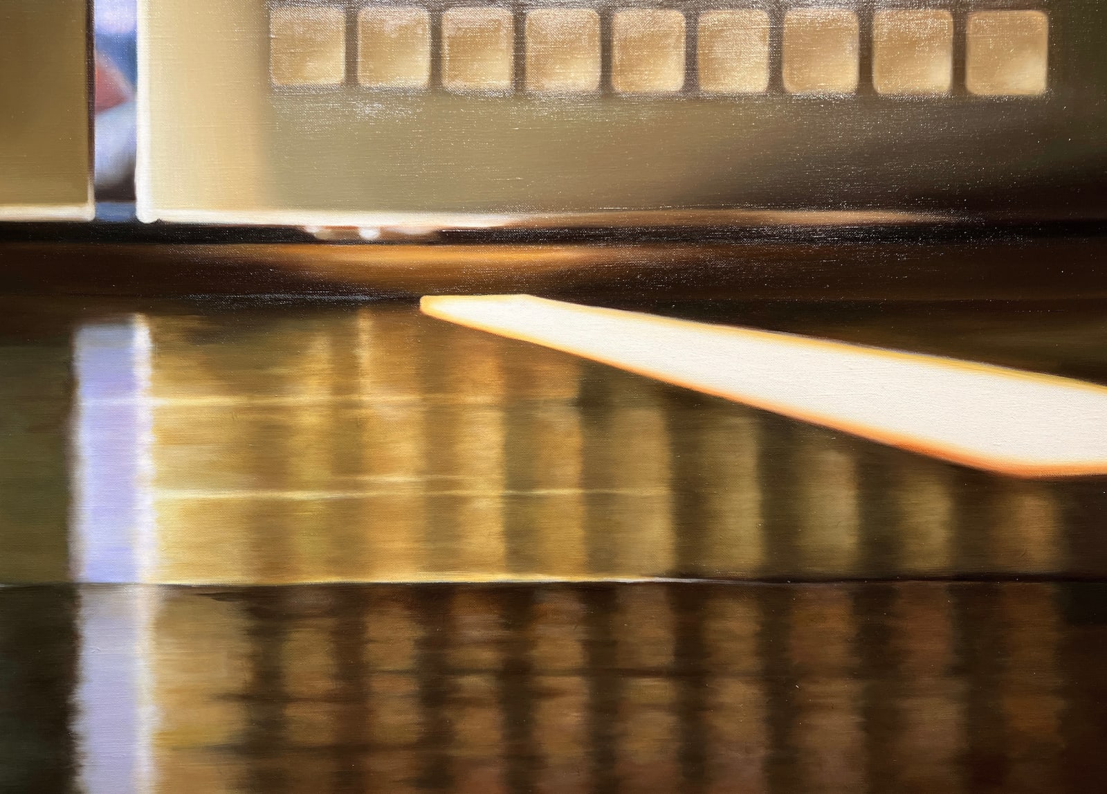 Painting of a light dappled floor and door