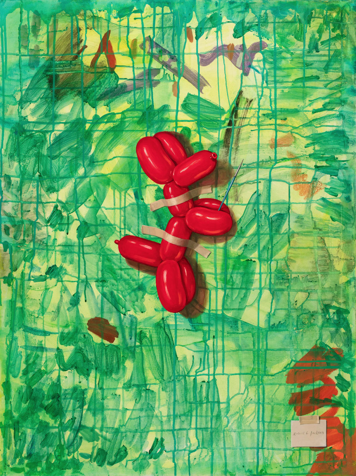 Red balloon dog taped to great colored board