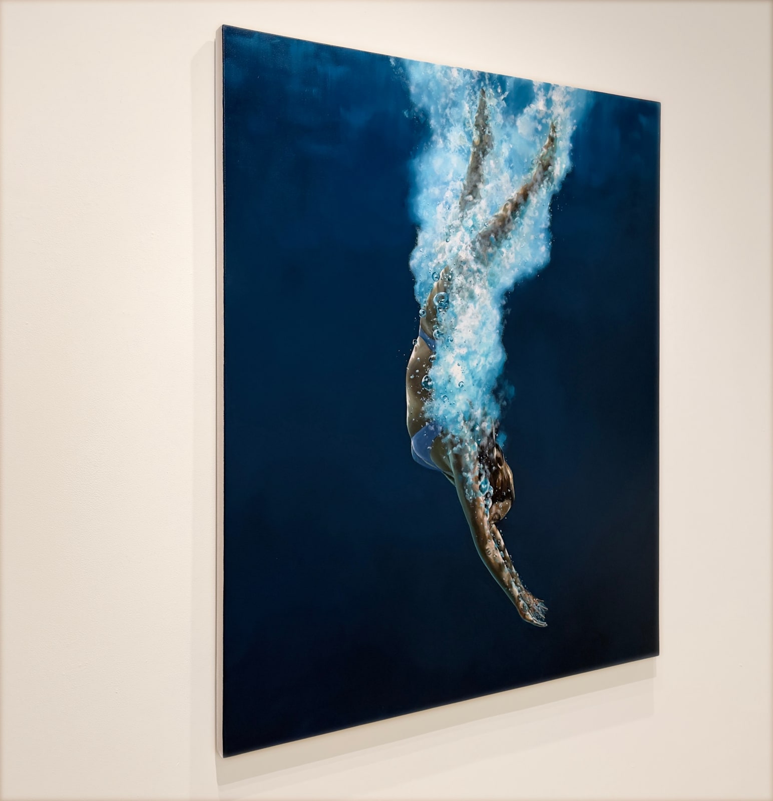 Painting of a woman diving down into water