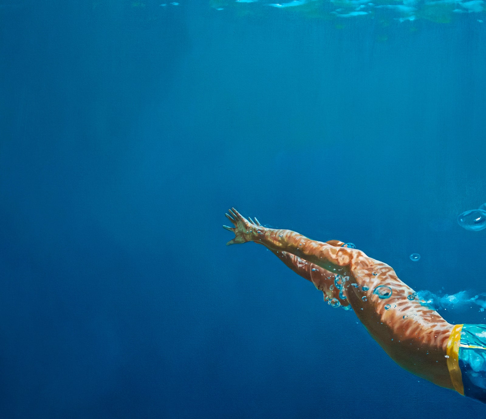 Oil painting of male swimmer in vast blue water on canvas