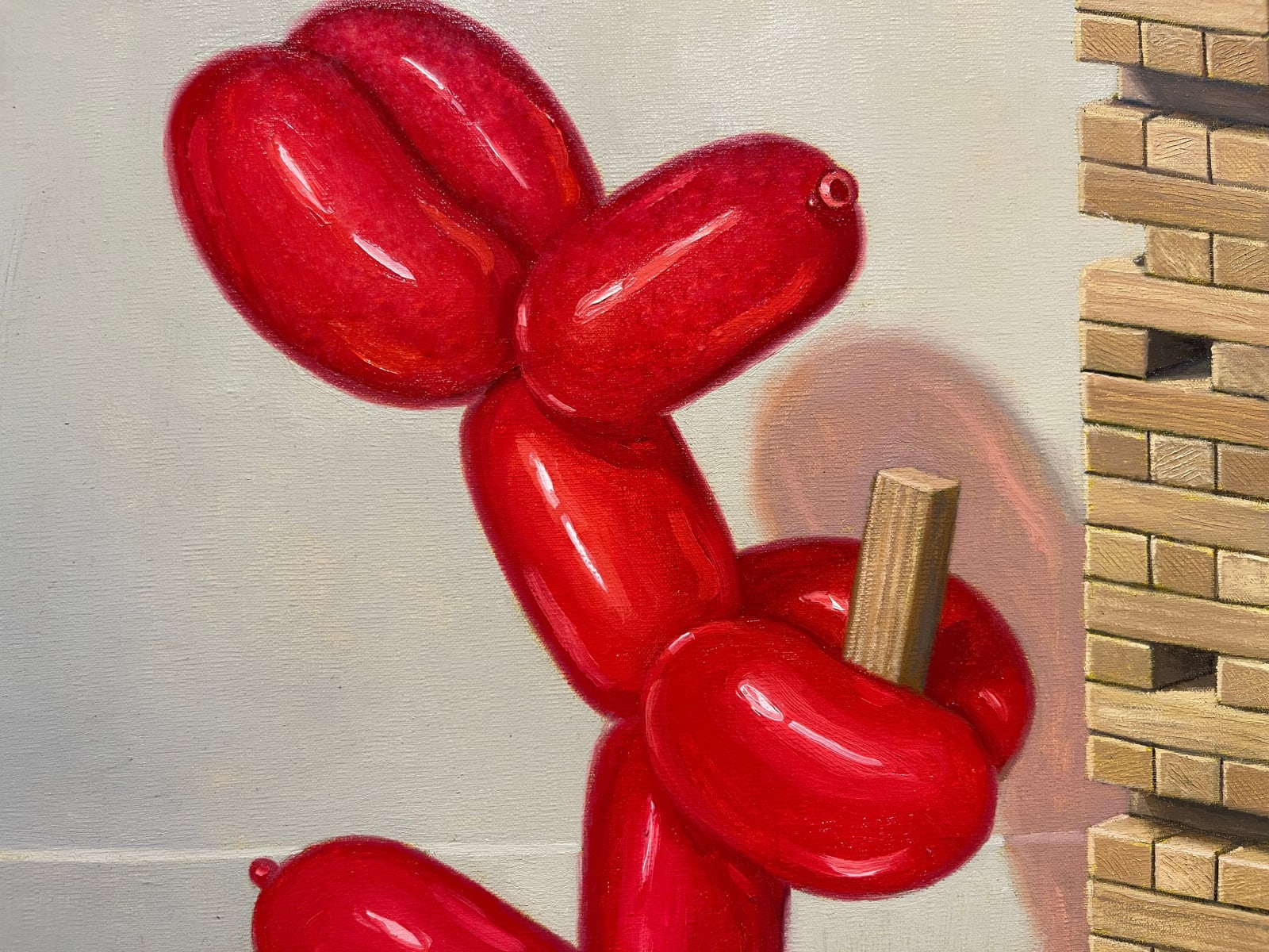Painting of three balloon dogs playing a game