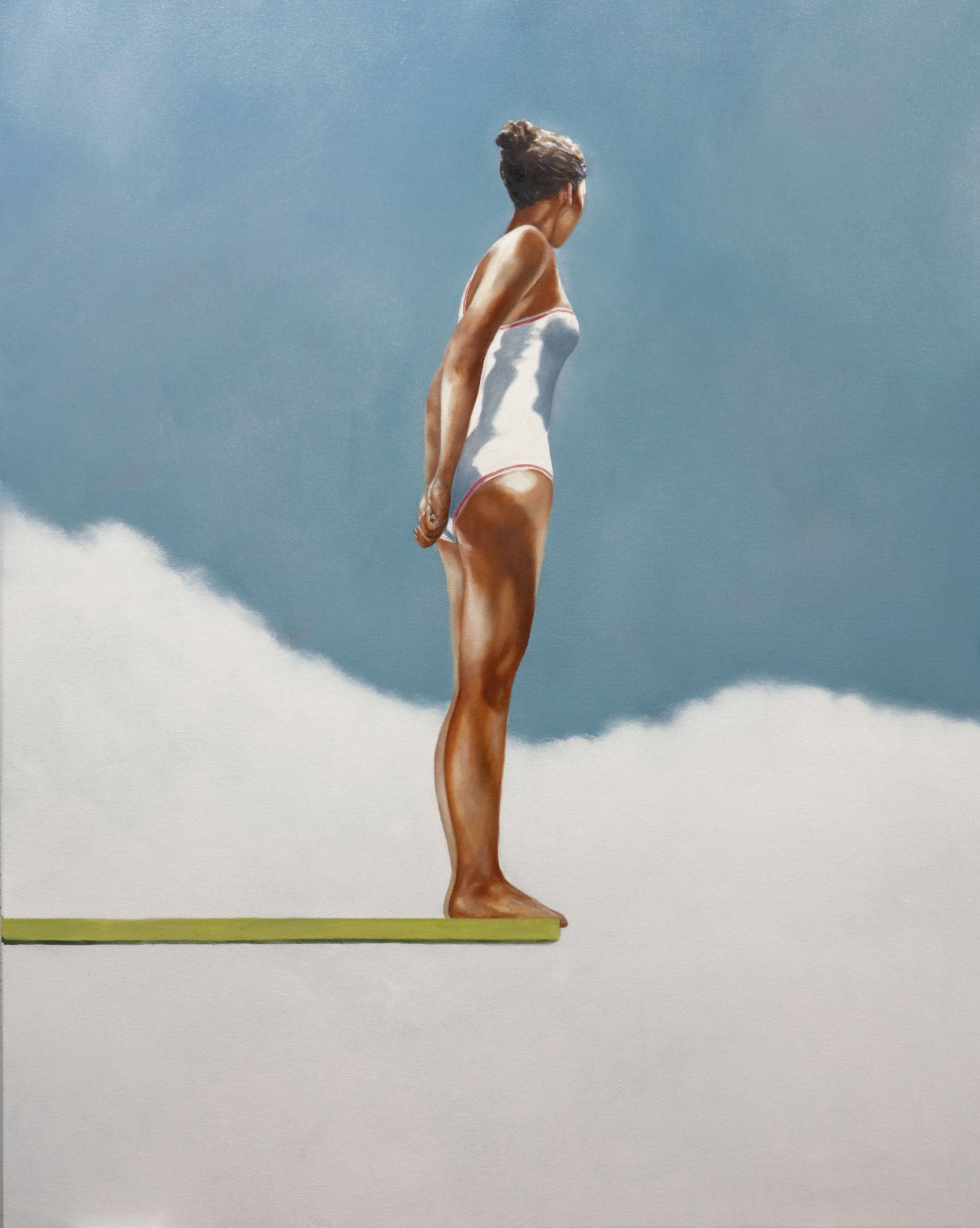 Painting of woman in white bathing suit on a diving board