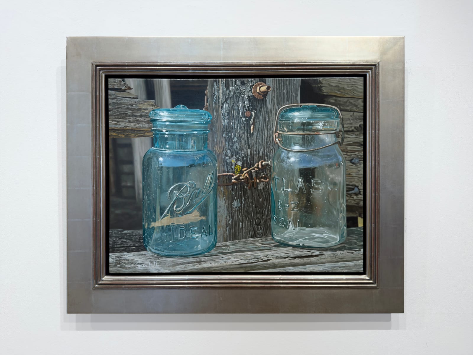 Painting of two glass jars on an old wood fence with a chain lock