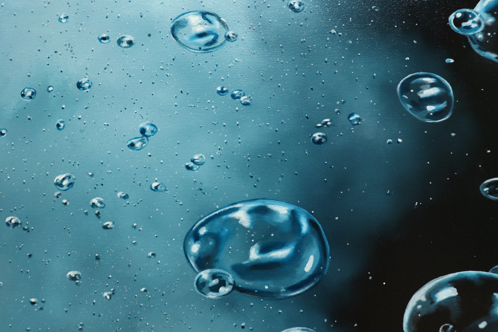 Edge of plume and bubbles rising before dark background on canvas