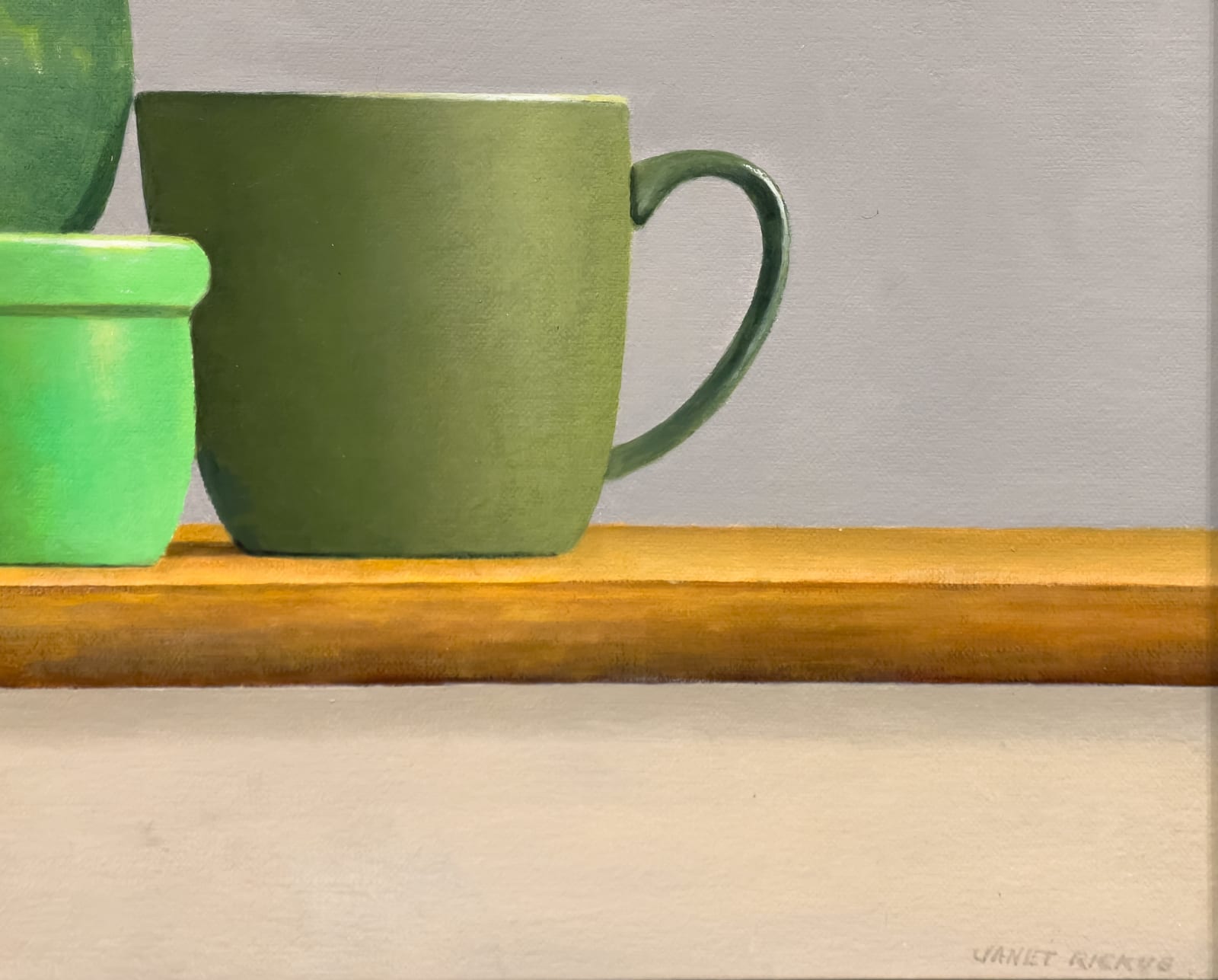 Painting of green cups and fruit on a table top