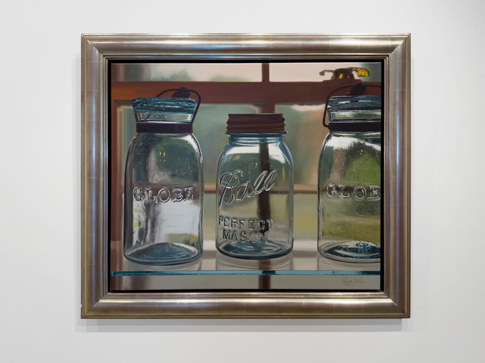 Painting of three glass ball jars sitting on a glass shelf in front of a window