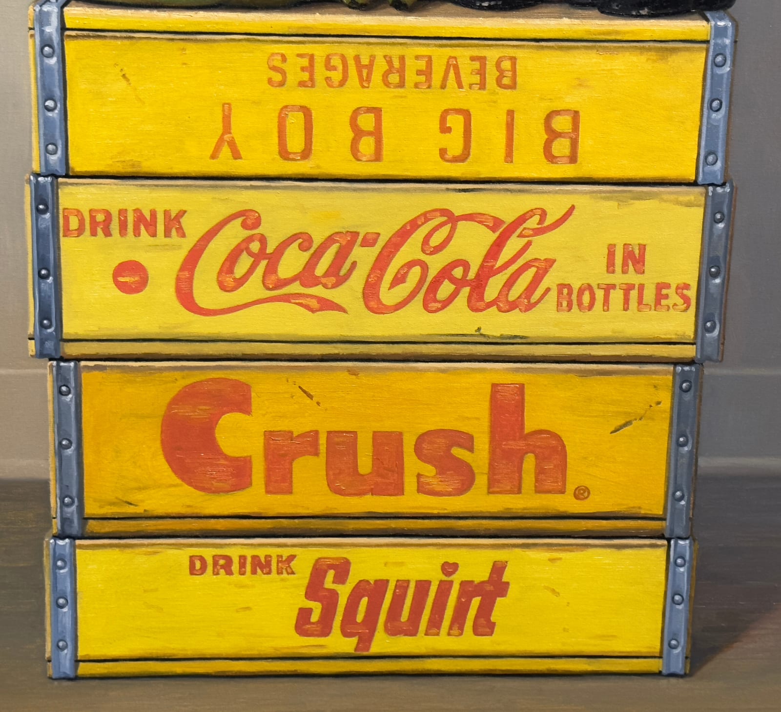 Still life painting of a gorilla with a pile of bananas on a stack of yellow crates