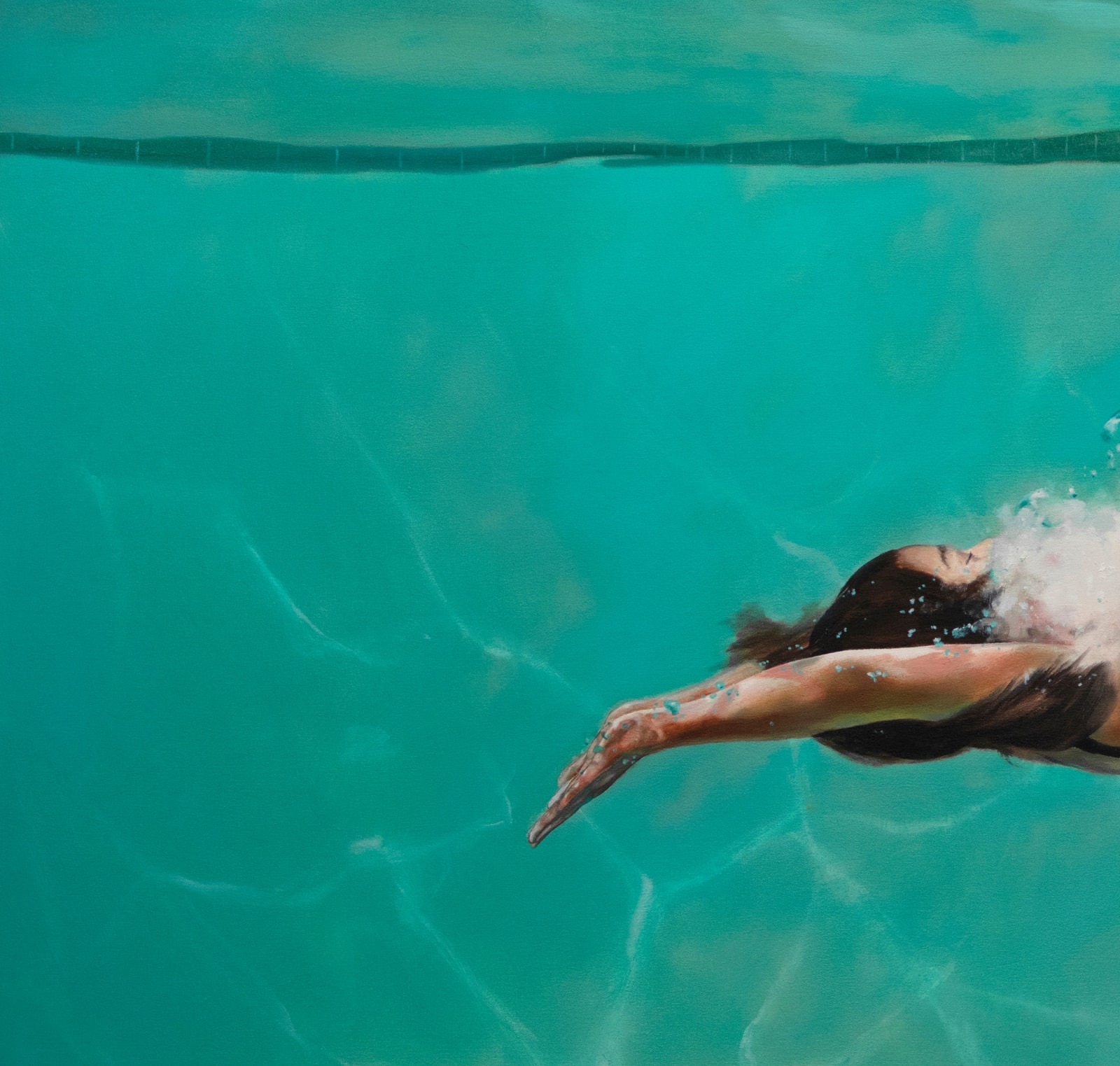 Oil painting of girl diving in water on canvas