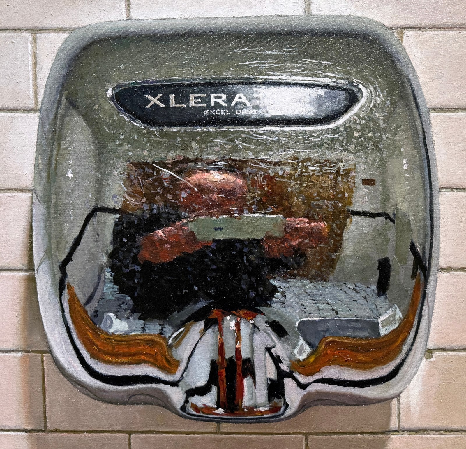 Painting of the artist reflected in a hand dryer